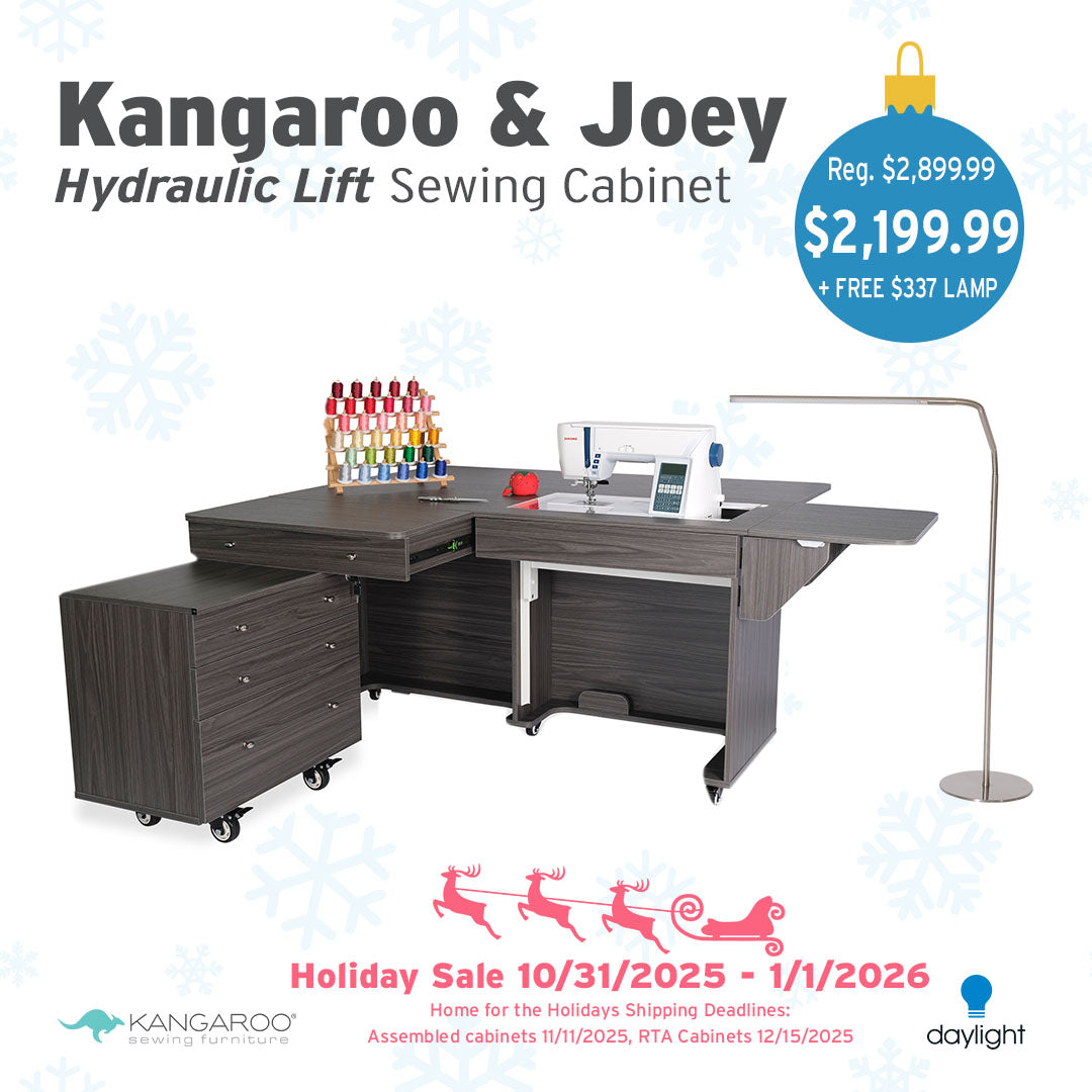 Kangaroo & Joey Hydraulic Lift Sewing Cabinet with promotional pricing and holiday sale details.