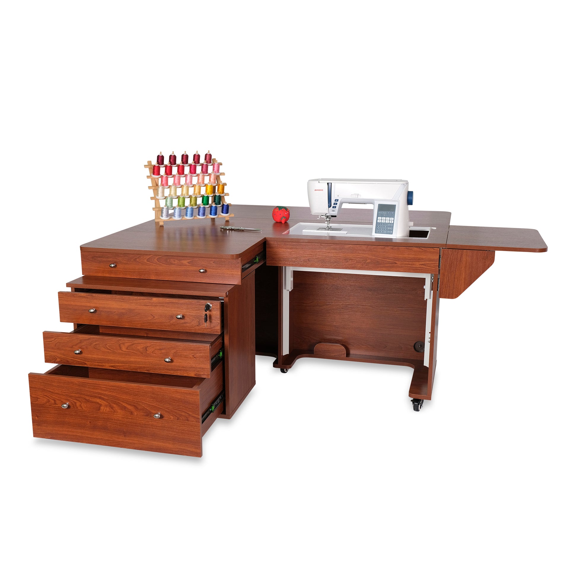 Kangaroo Joey Sewing Cabinet in Teak - open with sewing machine lifted