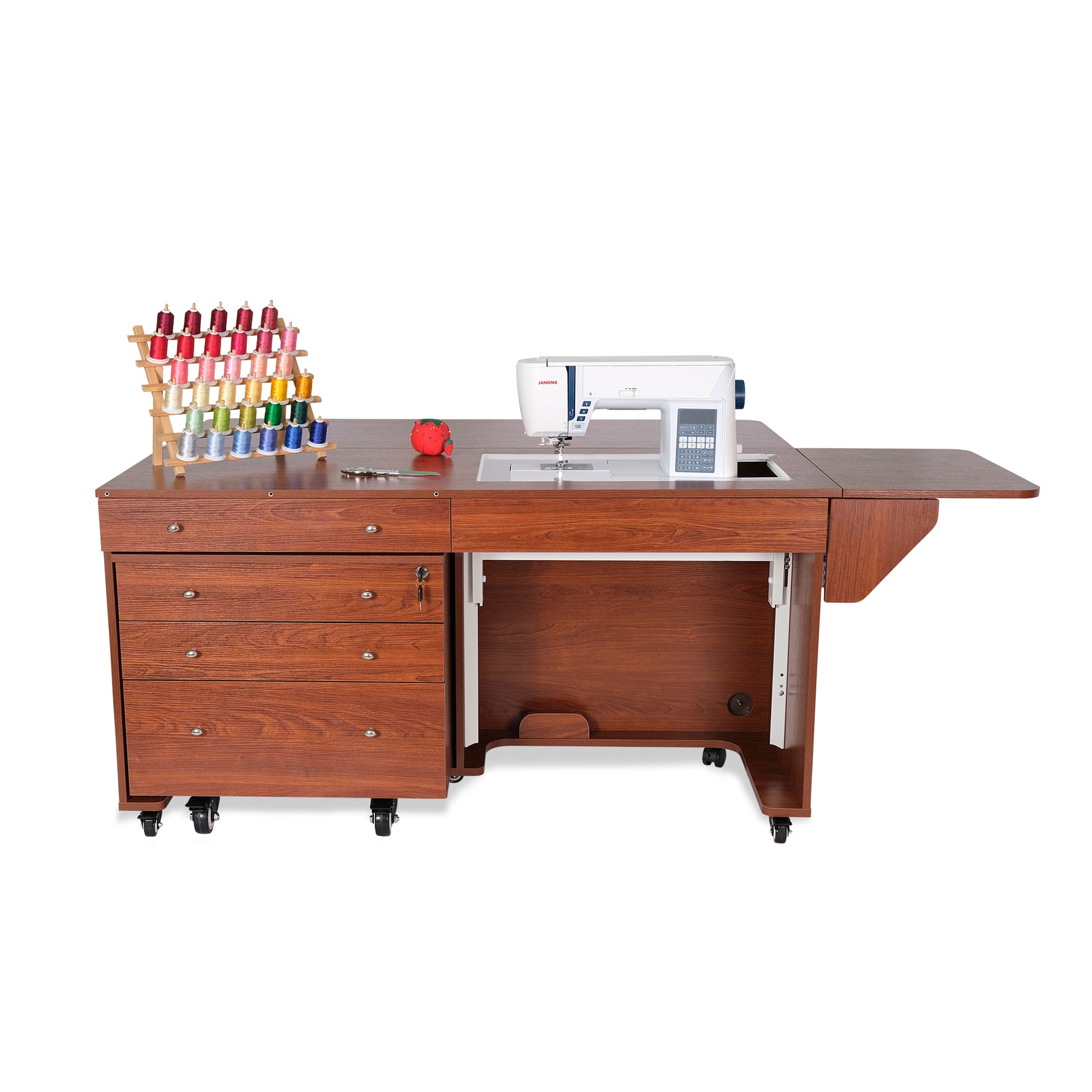 Kangaroo Joey Sewing Cabinet in Teak - open with sewing machine lifted closed drawers