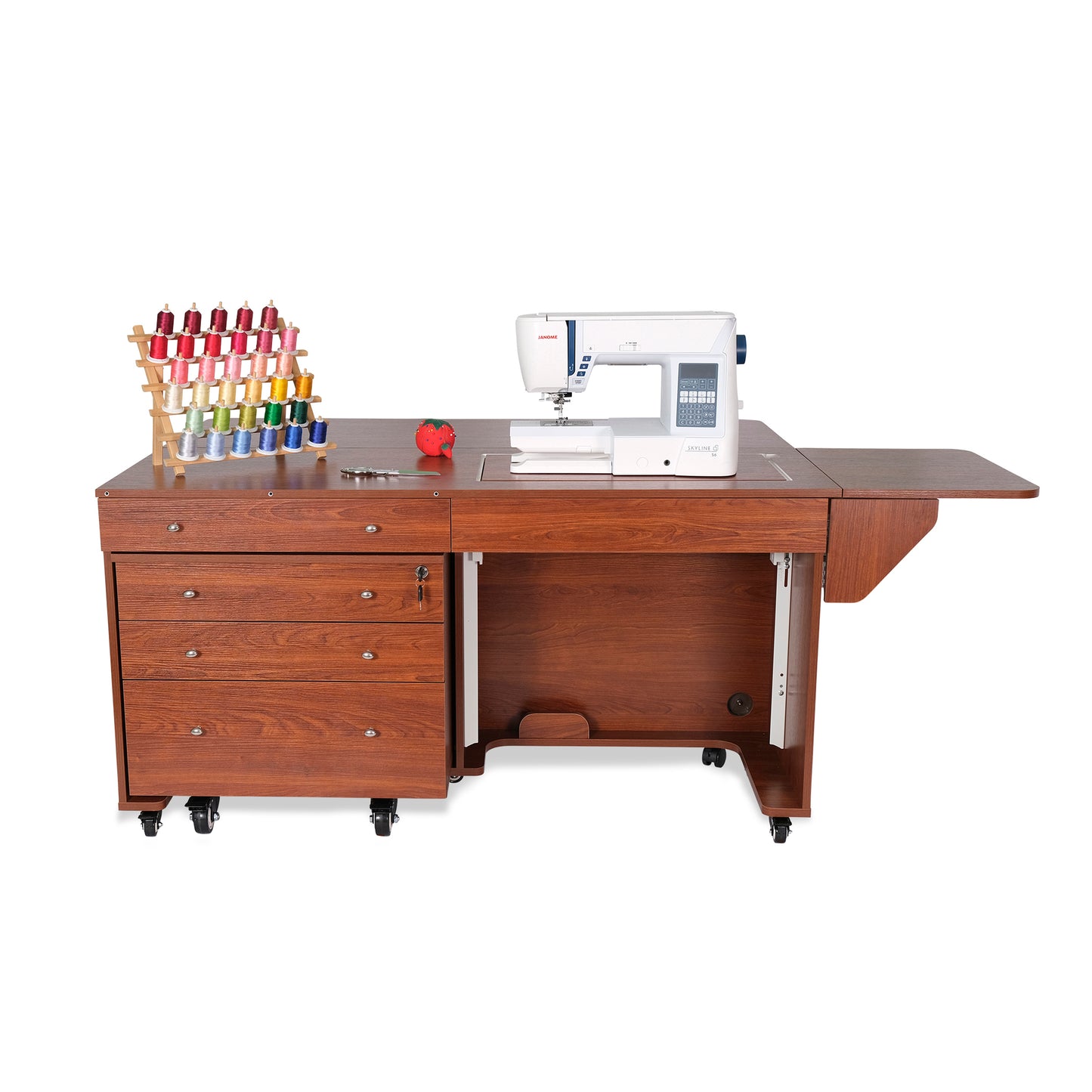 Kangaroo Joey Sewing Cabinet in Teak - open with sewing machine lifted-leaf up