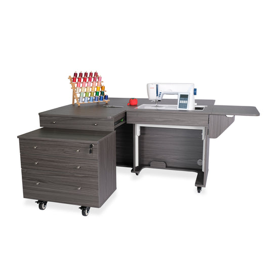 Kangaroo Sewing Table and Joey Storage Cabinet Package in Gray — Complete Studio with Hydraulic Lift