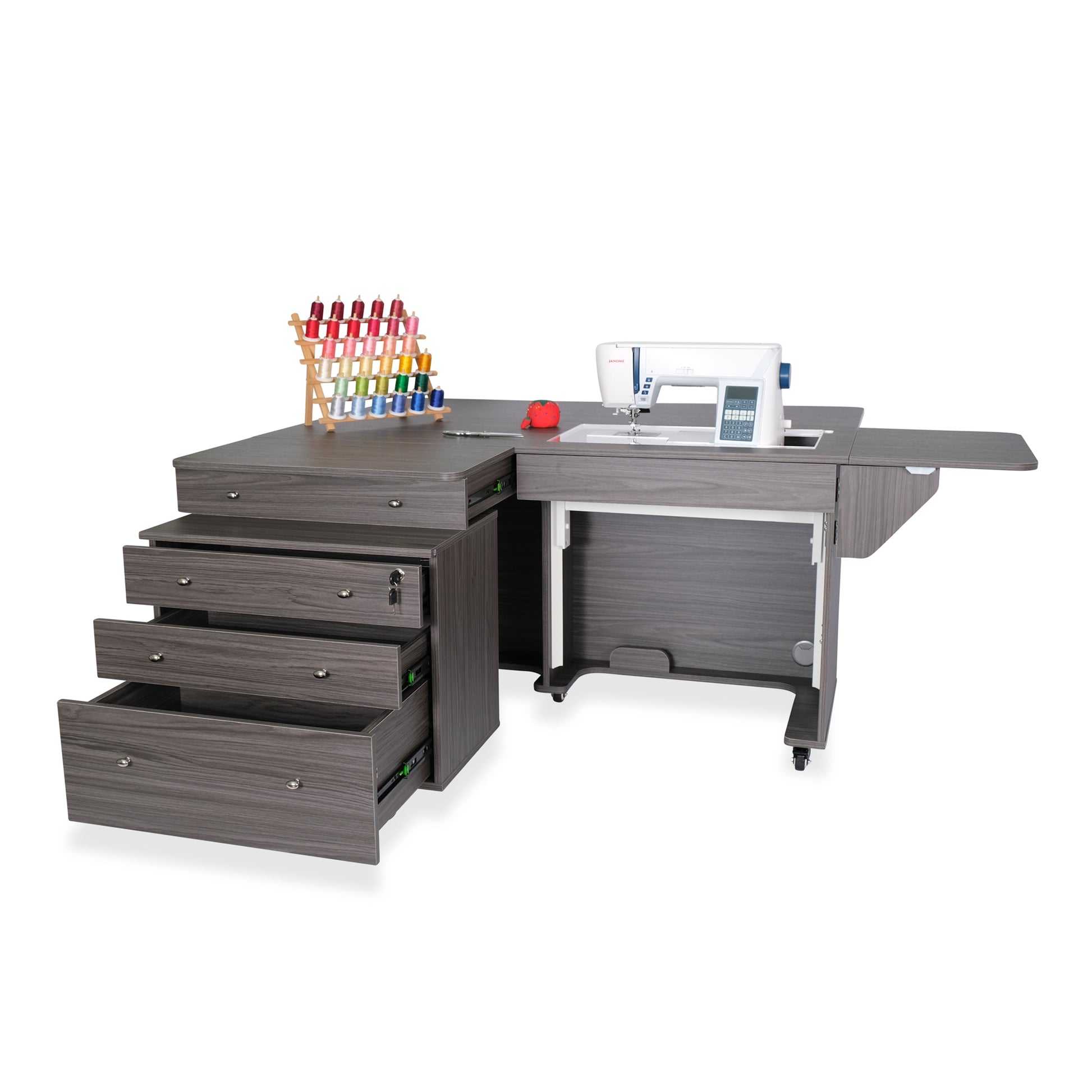 Kangaroo Sewing Table with Joey Cabinet in Gray — Three Drawer Joey Storage Unit Open