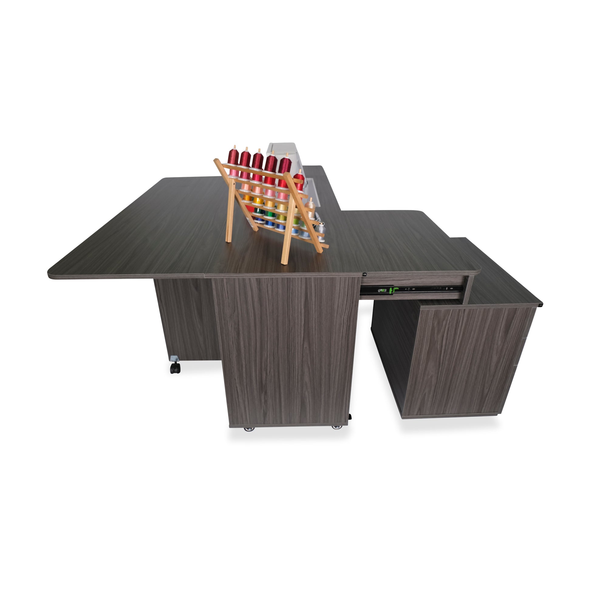 Kangaroo Sewing Table in Gray — Side View with Fold-Out Quilt Leaf Extended