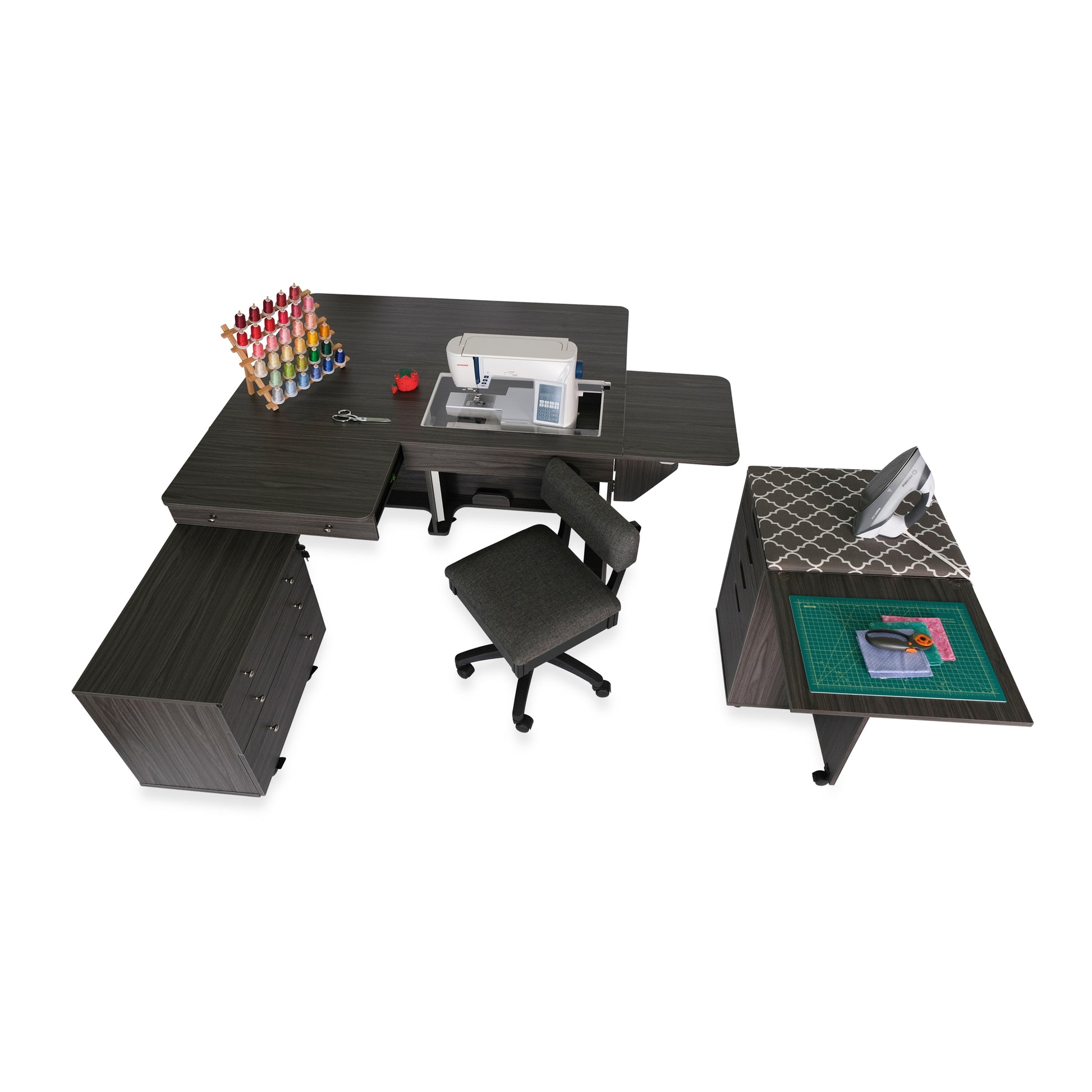 Kangaroo Sewing Table in Gray — Side View with Fold-Out Quilt Leaf Extended