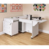 Kangaroo Sewing Table with Joey Cabinet in White — Lifestyle Sewing Room Setup with Quilted Wall Art