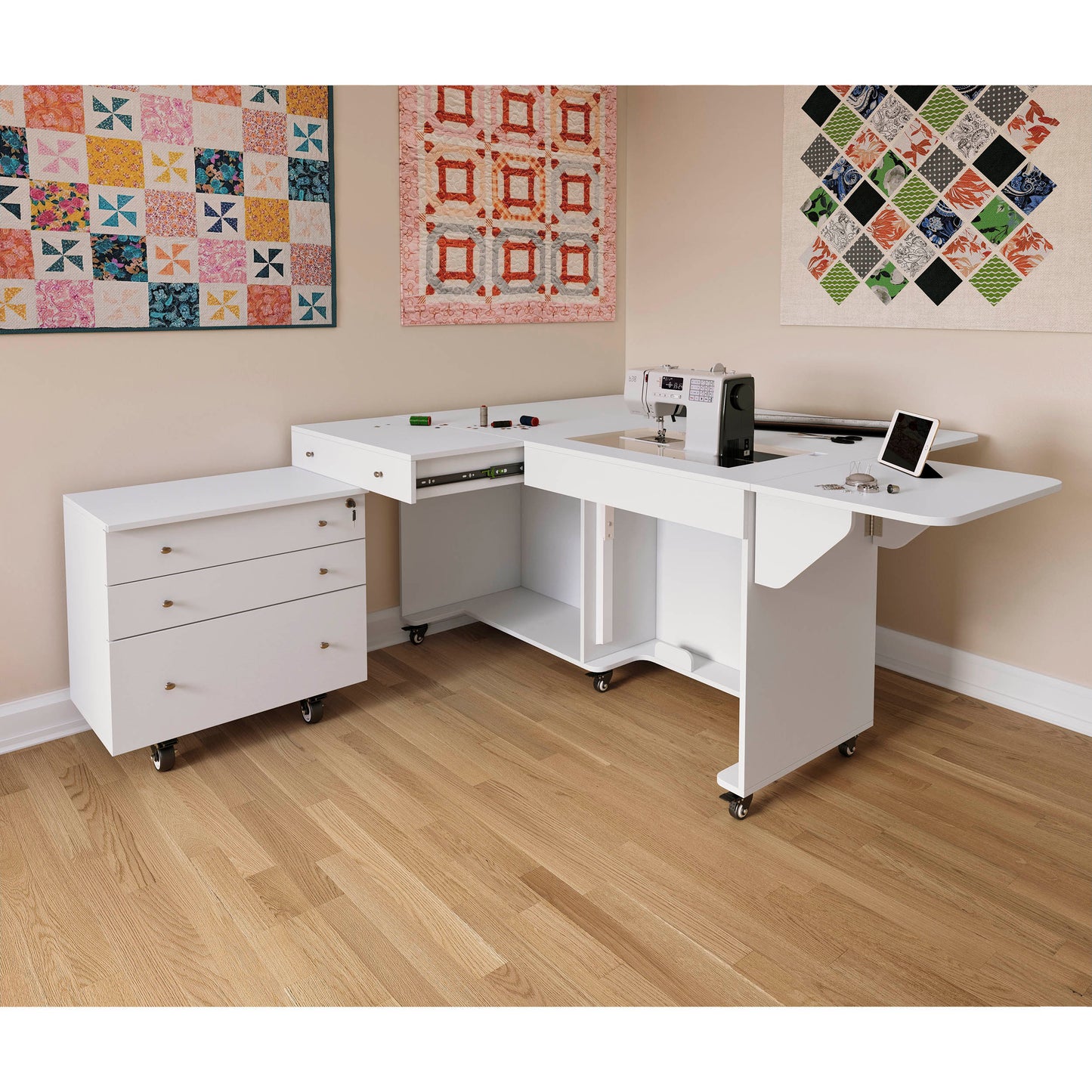 Kangaroo Sewing Table and Joey Storage Cabinet Package in White — Complete Studio with Hydraulic Lift