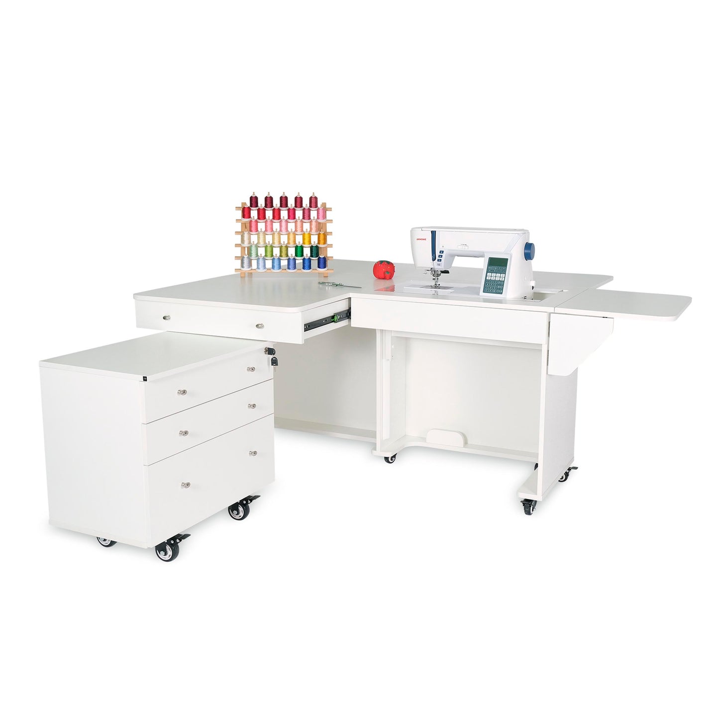 Kangaroo Joey Sewing Cabinet in White - open with sewing machine lifted
