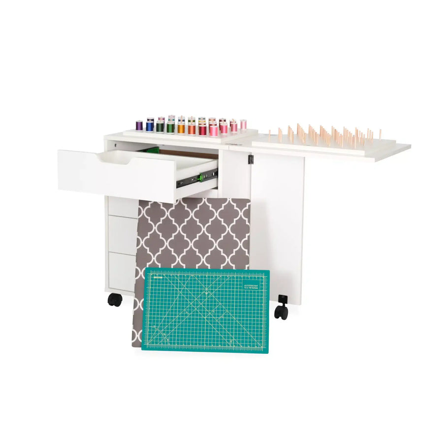 Arrow Shirley Rolling Sewing Caddy — opened showing ironing station and drawers